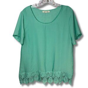 Wishful Park Womens Top Blouse Size L Mint Green Teal Boho Crochet Lace Festival